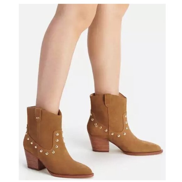 Coach Heeled Gold Studded Ankle Booties Size -9.5B Tan Leather/Suede - Picture 2 of 10